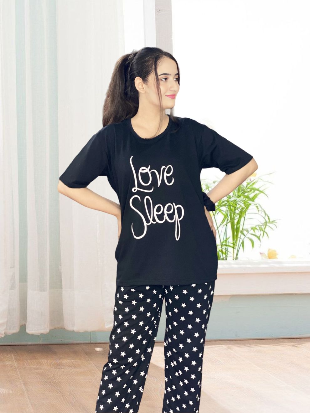 Love Sleep Black Printed Night Suit