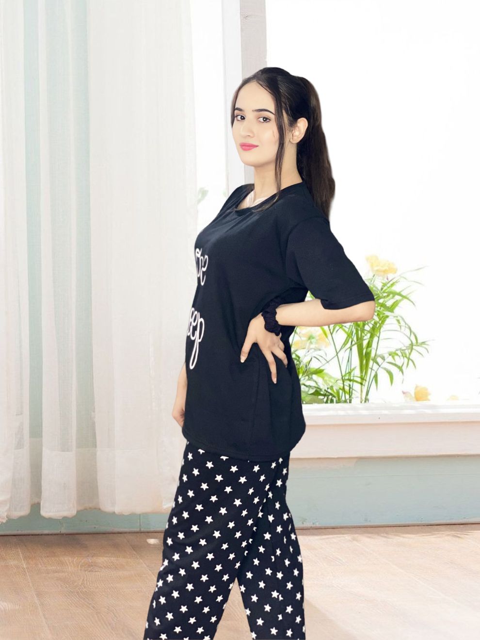 Love Sleep Black Printed Night Suit