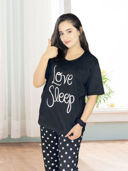Love Sleep Black Printed Night Suit