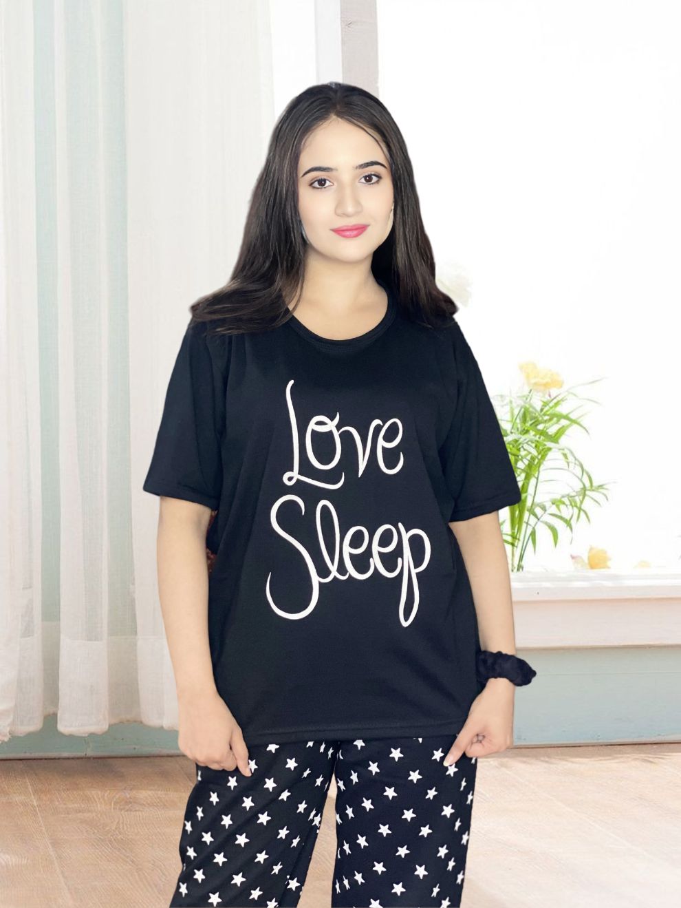 Love Sleep Black Printed Night Suit
