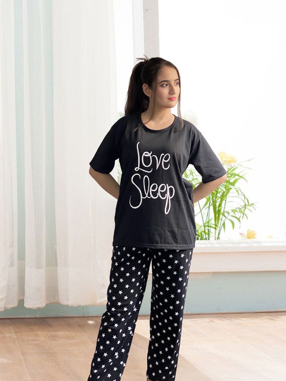 Love Sleep Black Printed Night Suit